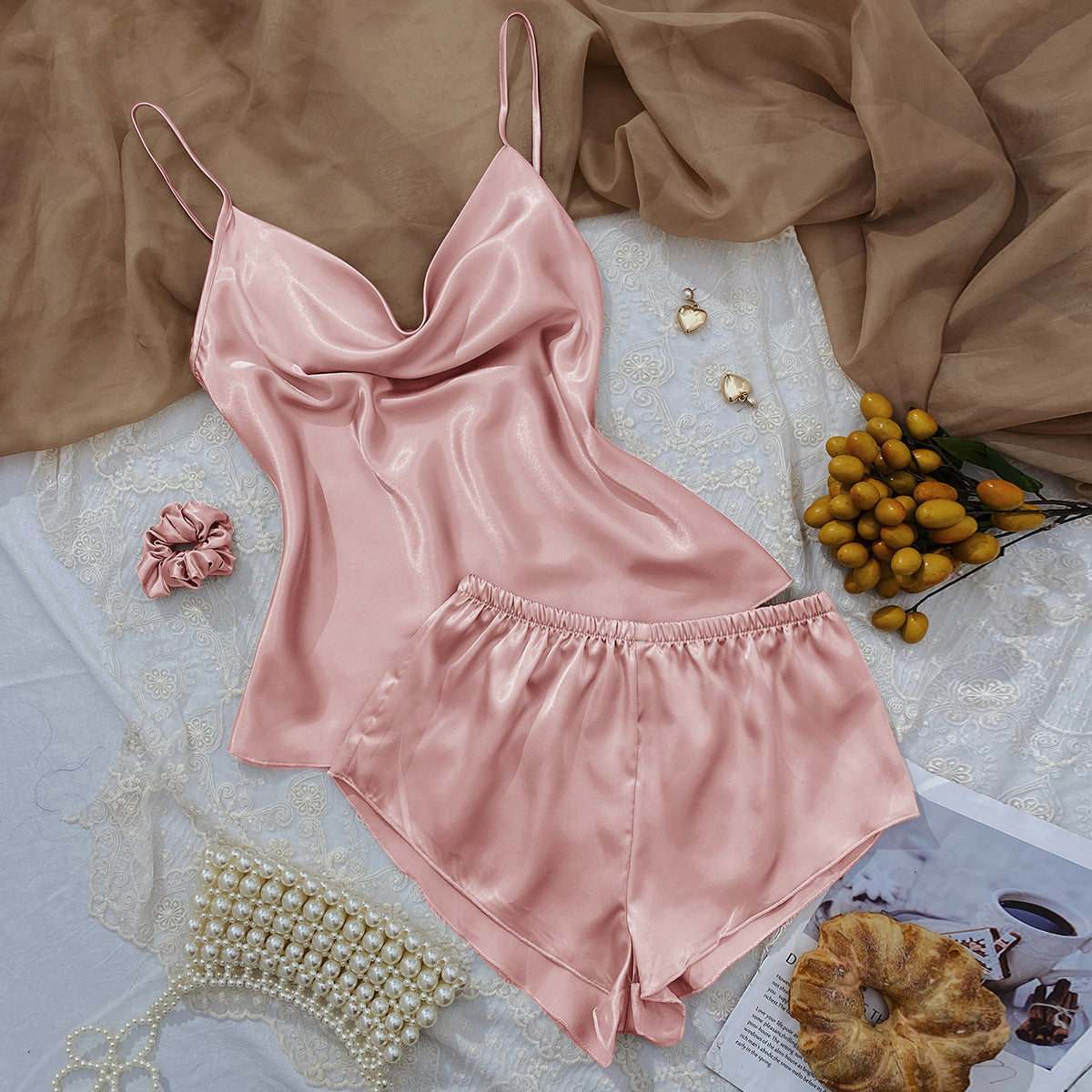 Satin Slip Top and Short Set - Pink